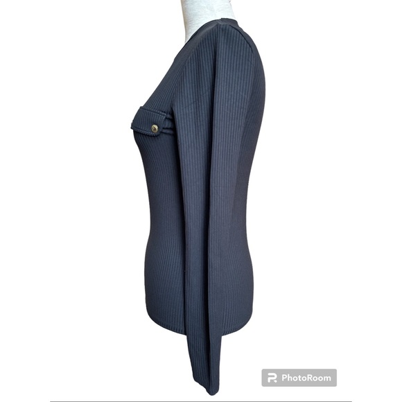 Zara Black Ribbed Top With Gold Button Faux Pocket Flaps, S - Picture 2 of 10